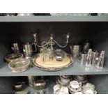 A selection of vintage metal table wares including tea set and trays