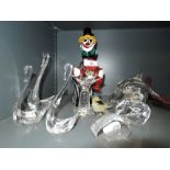 A selection of vintage glass figures and figurines including Murano clown