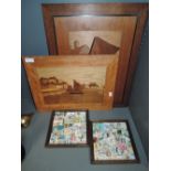 Two vintage treen inlay and veneer plaques and pair of framed stamps