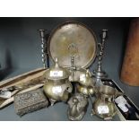 A selection of vintage plated and metal wares including part tea set and HM silver handle