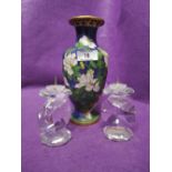 A vintage cloisonne vase and glass candle stick pair