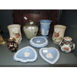 A selection of vintage ceramics including Jasper wares and ornate wood tray