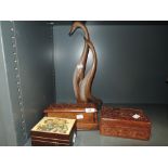 A selection of vintage wooden boxes including Indian carved style and musical