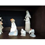 Four Lladro, Nao and Valencia figurines and studies, Angel with child, Girl with duck and two