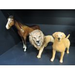 Three Beswick studies, Thoroughbred Stallion, brown 1772, Labrador, golden yellow 1548 & Lion,