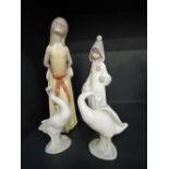 Two Lladro figurines, Girl with Bonnet and Girl with Basket along with two Lladro studies of ducks