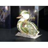 A Royal Crown Derby paperweight, Derbyshire Duckling with button and boxed