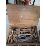 A carpenters tool box including contents chisels etc