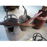 A Galvanised watering can, jug and painted watering can