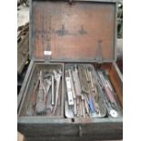 A selection of vintage garage and Engineers tools and wooden chest