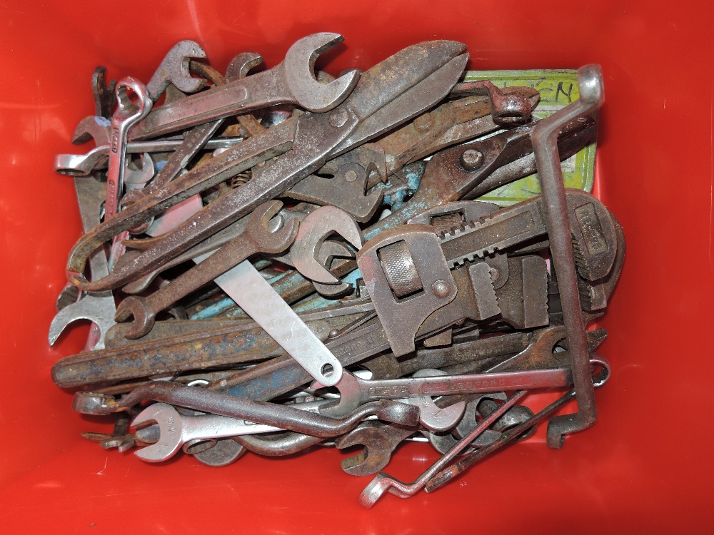 A box of various spanners, wrenches etc