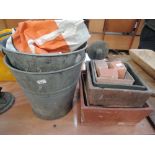 A pair of galvinised buckets and selection of square terracotta pots