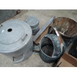 A selection of vintage galvanised buckets watering can and similar