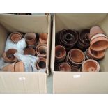 Two boxes of hand thrown terracotta plant pots and salt glazed pots