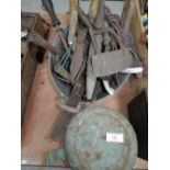 A selection of vintage garden tools and wash bowl