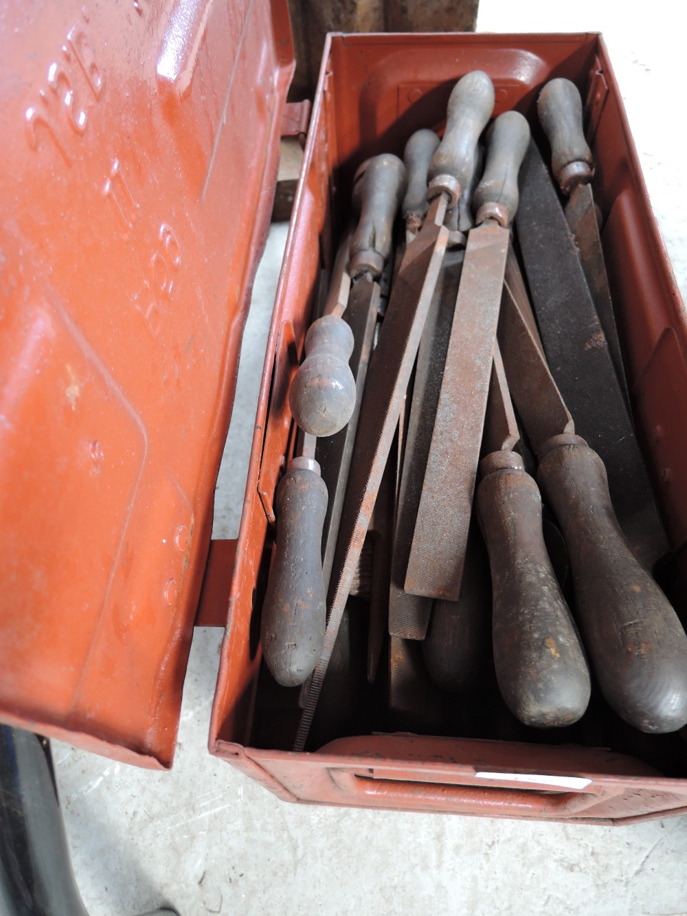 A selection of vintage files rasp etc in ammunition tin