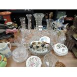 A selection of vintage clear cut and crystal glass ware also ceramic trinket boxes