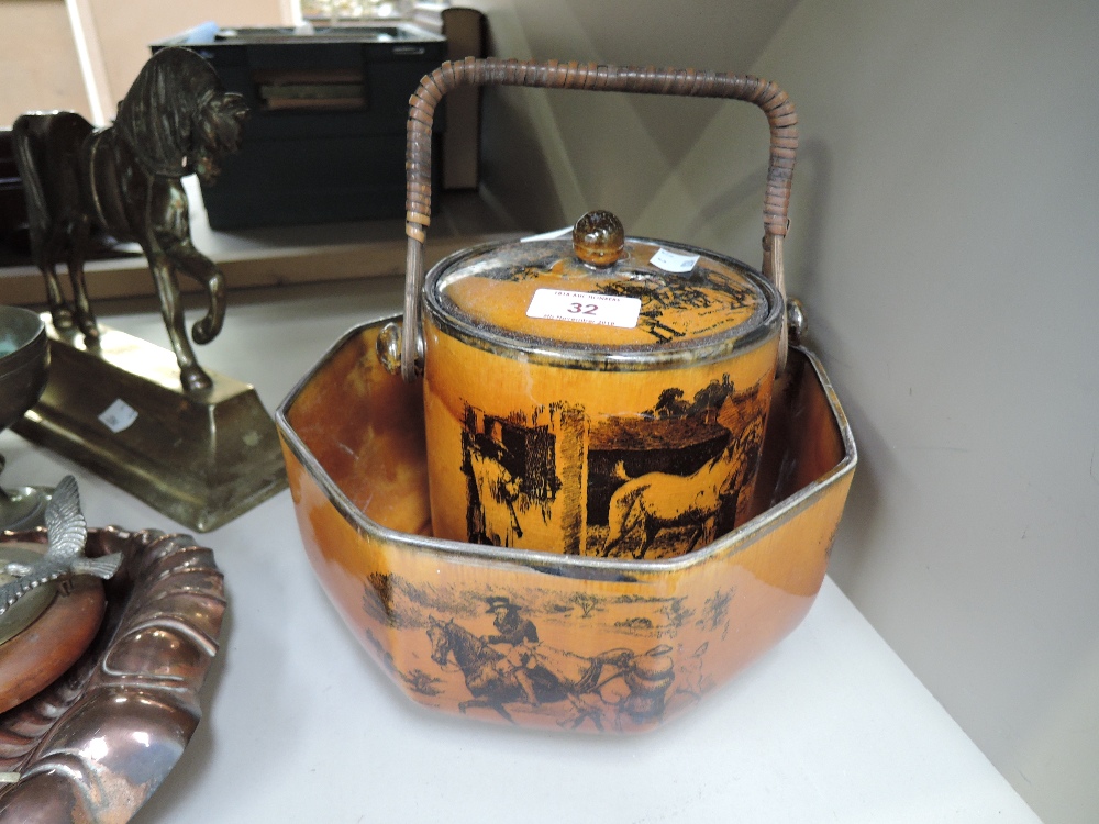 A vintage ceramic Old Coaching Days biscuit barrel and bowl