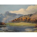 An oil painting on board, S P B Saunders, Evening, Loughrigg Tarn and Langdale Pikes, signed, 15in x