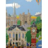An acrylic painting, Chas Jacobs, Lancaster montage including Ashton Memorial, Town Hall and Museum,