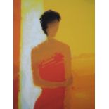 A Limited Edition print after Emille Bellet, study of lady in orange, signed, 23in x 7.5in