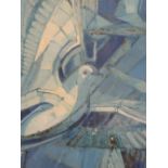 An oil painting, B E Webbe, stylised dove in blue, signed and dated (19)62, 39in x 29in