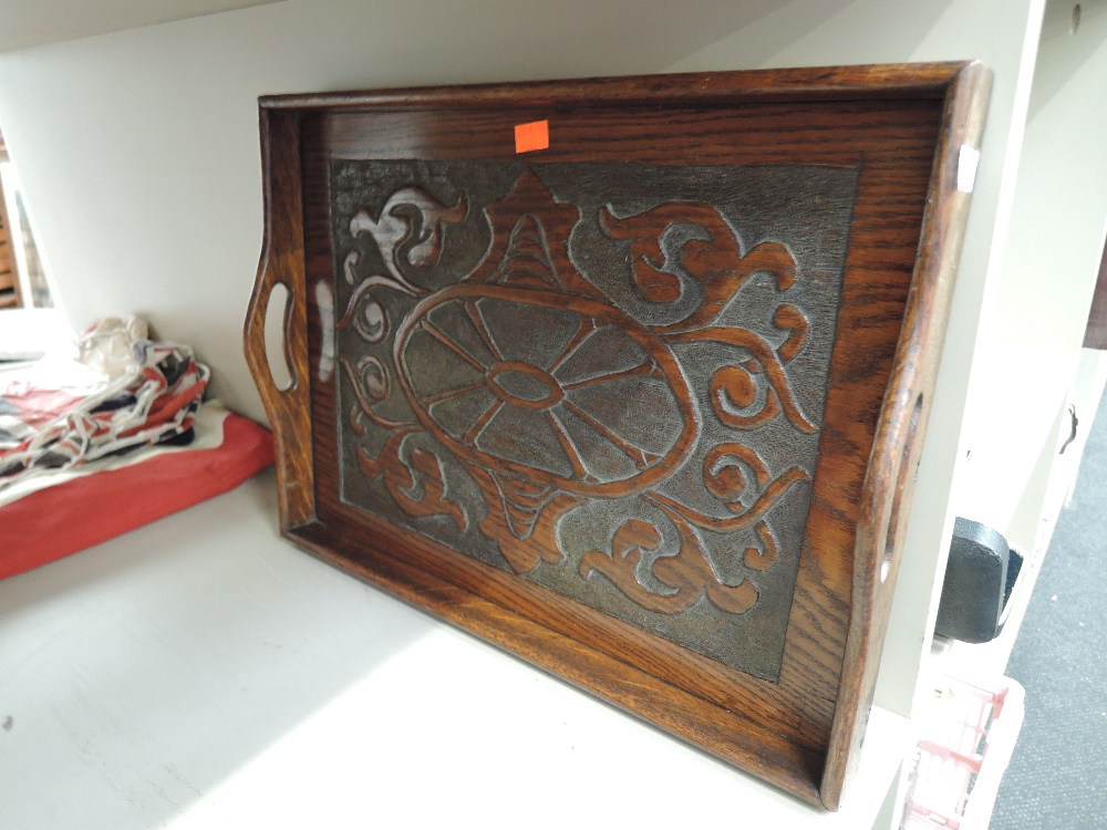 a vintage arts and crafts style tea or butlers tray hand carved heavy oak