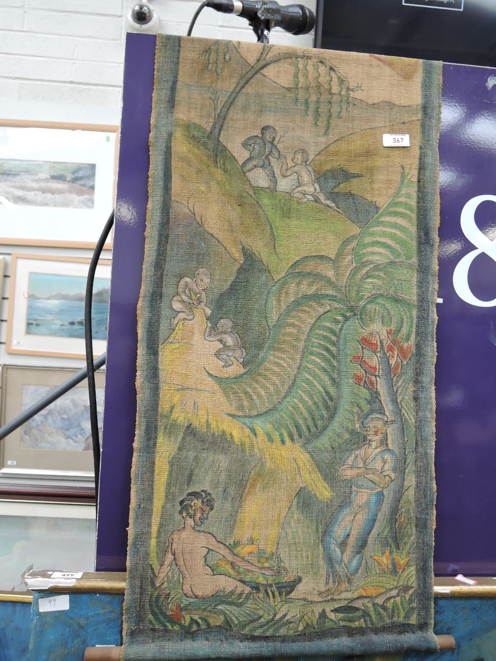 A vintage hand painted canvas scroll possibly with homo erotic imagery