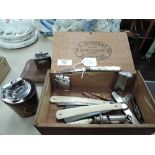 A selection of vintage men's trinkets including Cut throat, pocket and pen knife, and