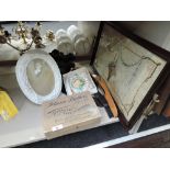 A selection of vintage curios and trinkets including embroidered silk panel