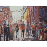 An oil painting on board, Annette Kane, Middle Eastern Tourist Market, attributed verso, 29in x
