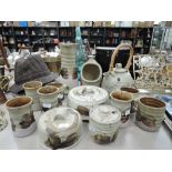 A selection of vintage earthen ware kitchen ceramics with green salt glaze