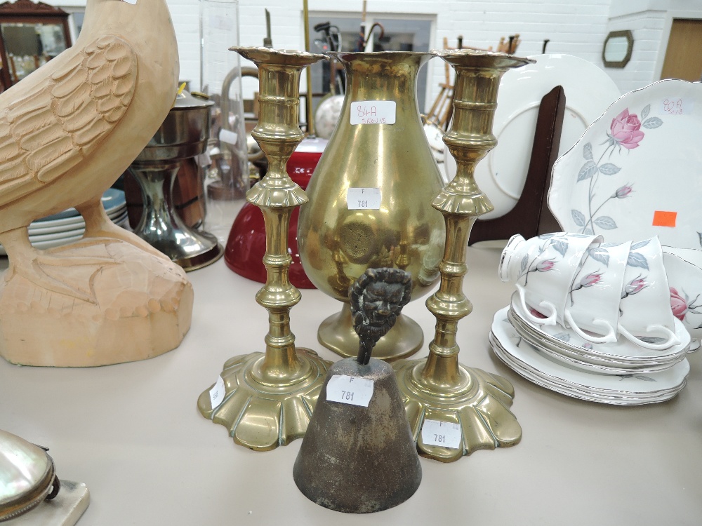 A selection of vintage brass wares including heavy set vase