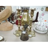 A selection of vintage brass wares including heavy set vase