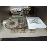 a set of vintage balance scales with ceramic transfer printed tray C A Crooks Scale maker
