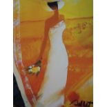 A pair of Limited Edition prints after Emille Bellet, studies of ladies, in orange, signed, each