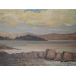 An oil painting on board, S P B Saunders, Evening over the bay, signed, 15.5in x 25in