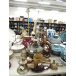 A selection of vintage brass wares including motor horn and lamp base