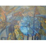 An oil painting B E Webbe, stylised still life in blue, signed, 48in x 48in