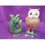 A vintage ceramic owl figure in a majolica style etc