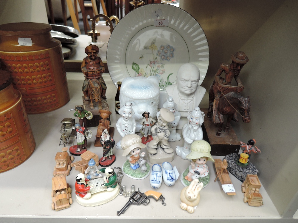 A selection of vintage figures and figurines including unusual pressed glass dog head jar