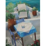 An oil painting, Annette Kane, Mediterranean restaurant, signed, 23in x 18in