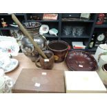 A selection of vintage treen decorations and ceramic vase