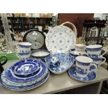 A selection of vintage blue and white ware ceramics including owl figure