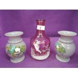 A selection of vintage hand painted colour glassware purple vase pair and Cherub decorated pink