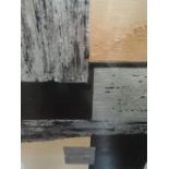 An acrylic mixed media painting, Linda Charles, cubist study in brown and black, signed 16in x 12in