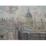 An oil painting on board, M Pybus, London skyline, 18in x 21in, signed