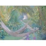 An oil painting on board, Annette Kane, Summer in Mediterranean Garden, signed, 36in x 48in