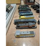 Ten HO scale American brass lococomotives including Santa Fe, Union Pacific, Missouri, Burlington