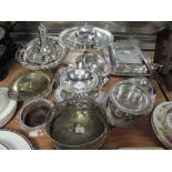 A selection of vintage metal and plated wares including sifter, tureen, footed bowl etc